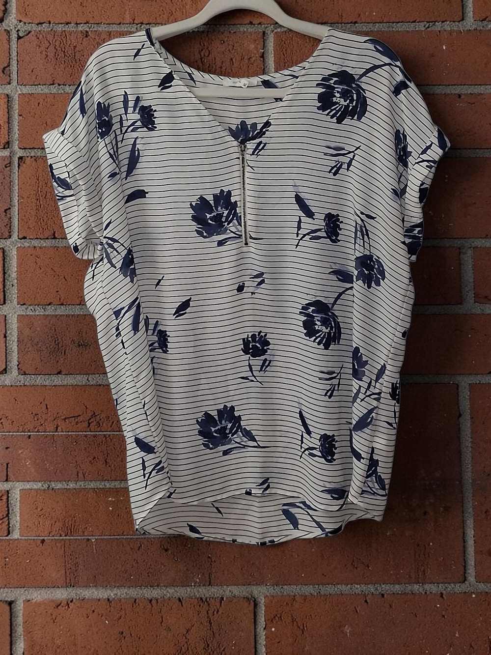 Maurices Cream and Navy Floral Stripe Short Sleeve Blouse